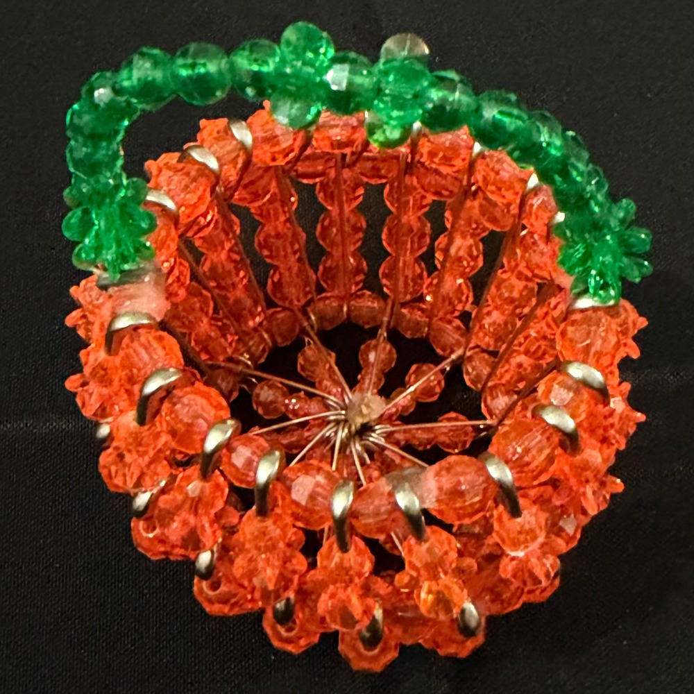 Vintage Handmade Beaded Safety Pin Pumpkin Art Basket Miniature Fall Decor